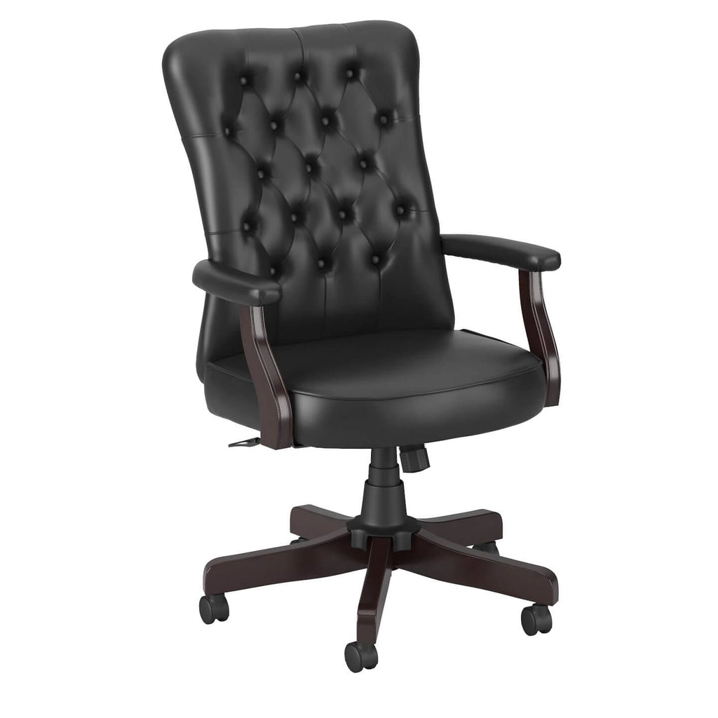 High Back Tufted Office Chair with Arms in Black Leather J66732