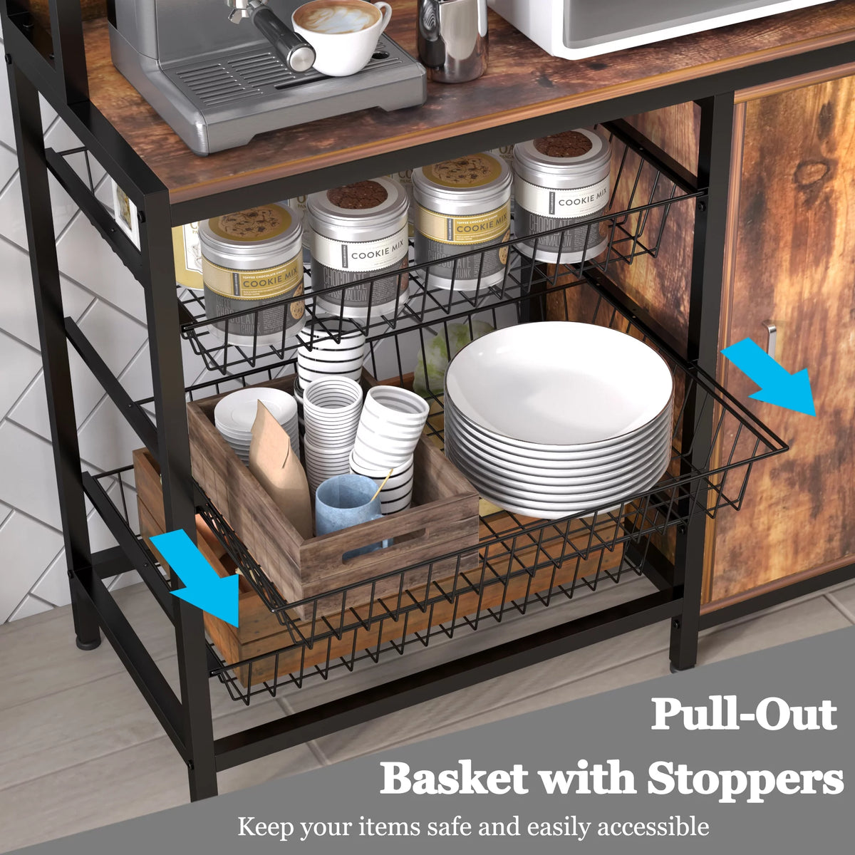 Large Brown Wood Bakers Rack with Baskets and Cabinet S249270