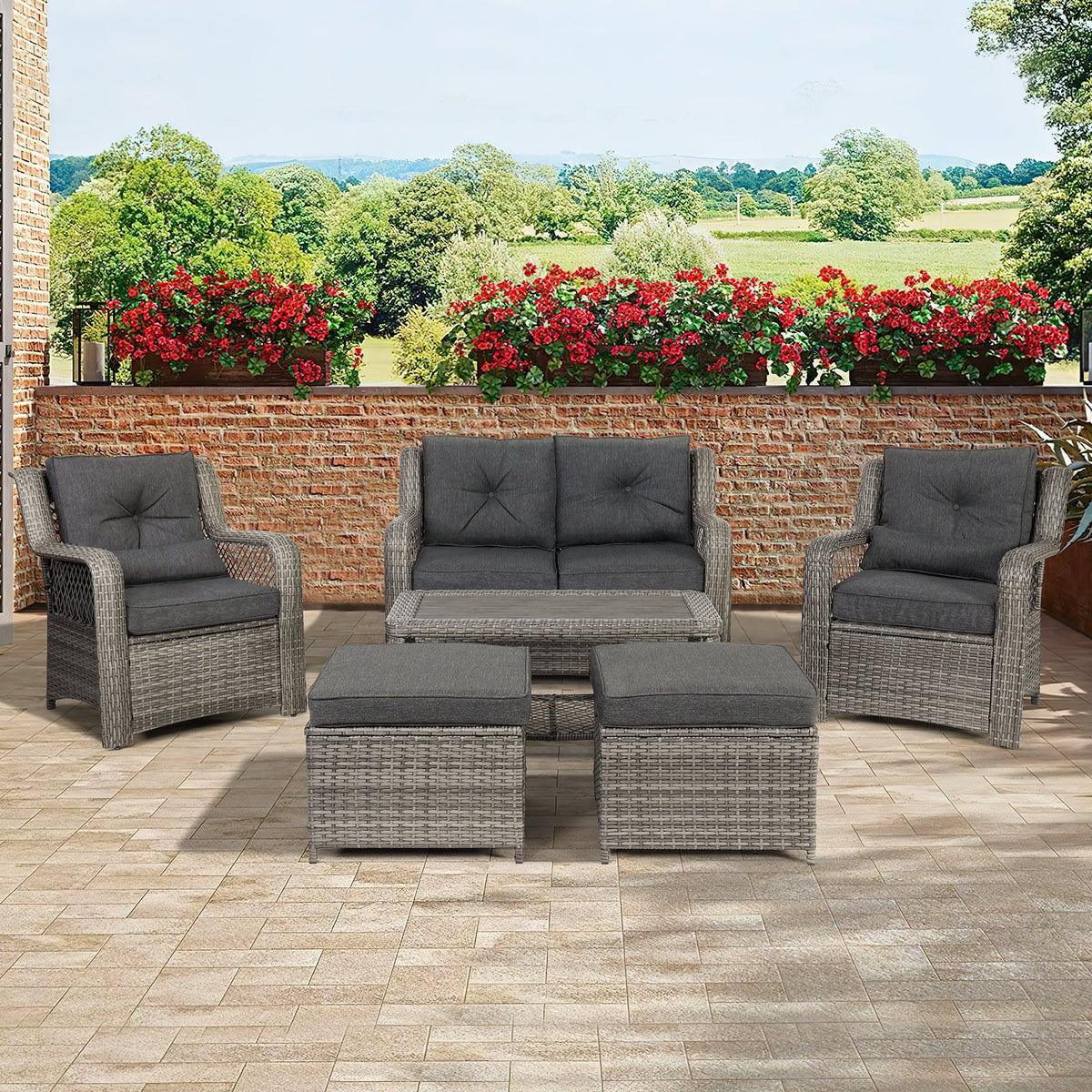 6 Piece Grey Rattan Patio Furniture Set with Ottoman J415