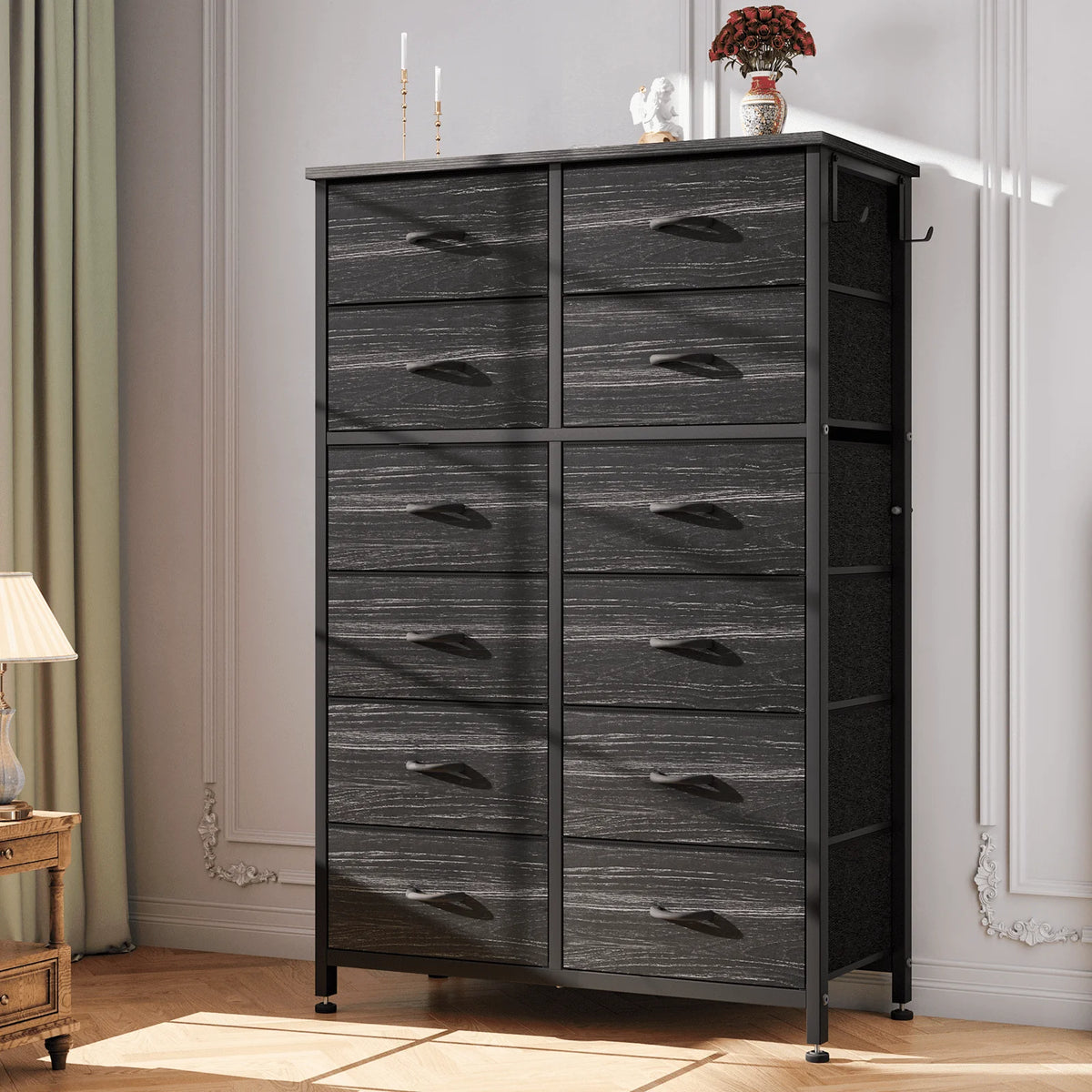 12 Drawer Fabric Dresser with Steel Frame and Wooden Top O1586