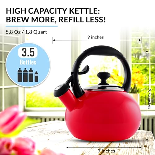 1.8 QT Red Enamel on Carbon Steel Whistling Kettle A920