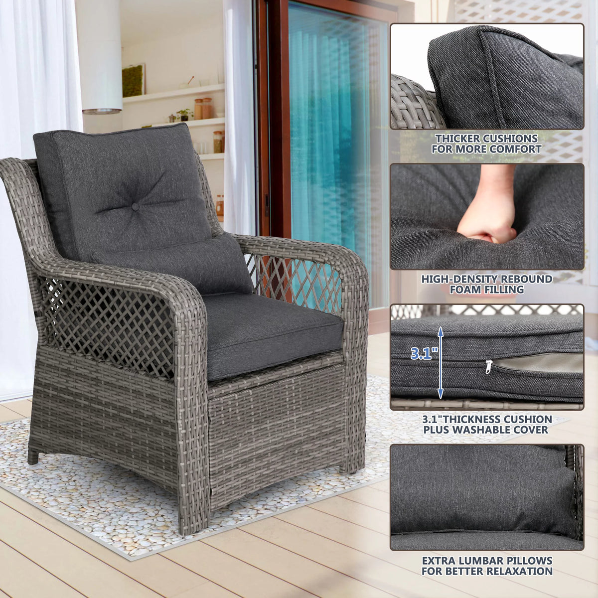 6 Piece Grey Rattan Patio Furniture Set with Ottoman J415