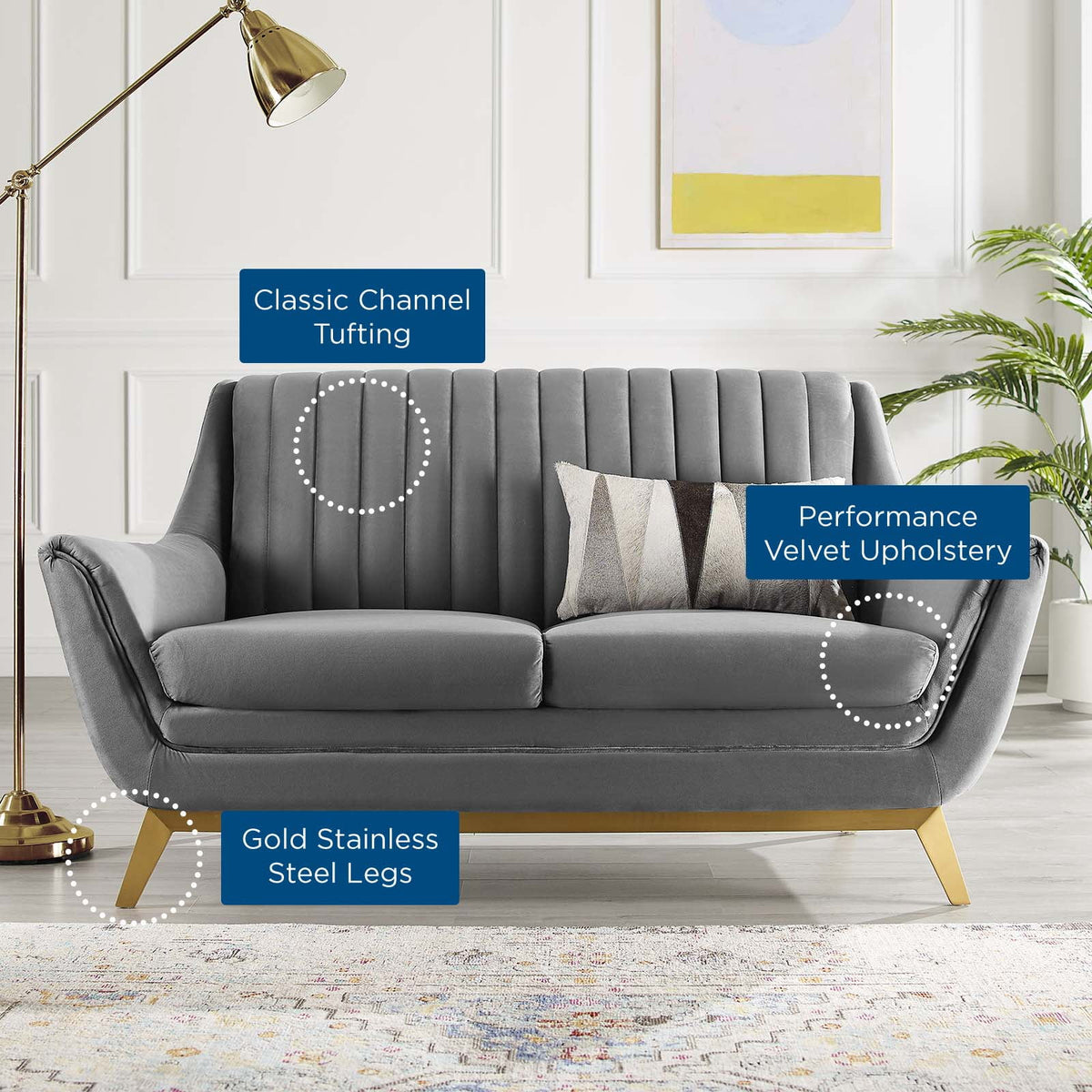 Gray Channel Tufted Performance Velvet Loveseat T747417