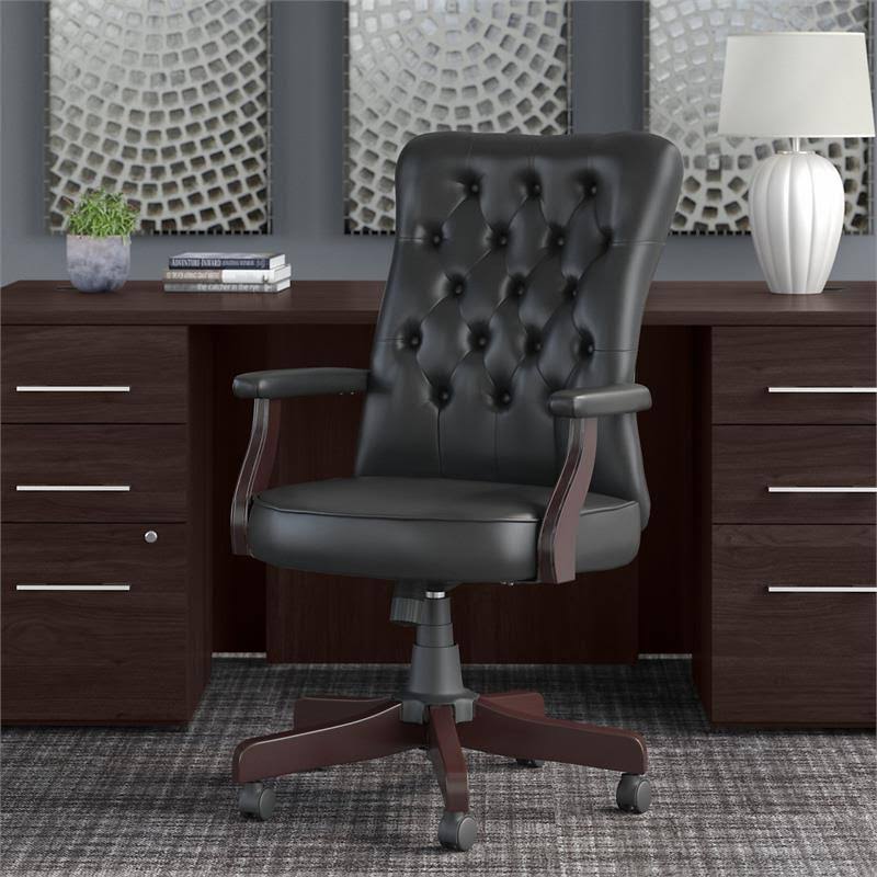 High Back Tufted Office Chair with Arms in Black Leather J66732