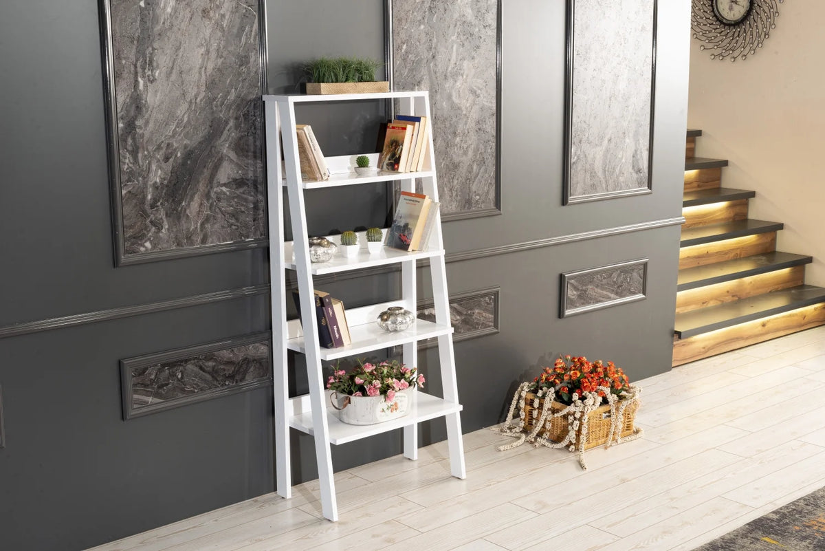 White 5 Tier Wood Ladder Bookshelf F500