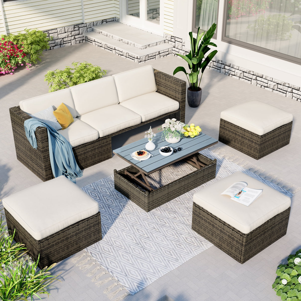 5-Piece PE Rattan Patio Furniture Set with Cushions and Coffee Table M29306