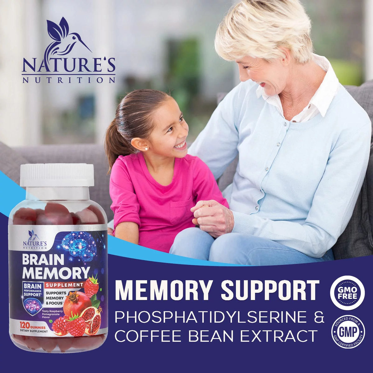 Nootropic Brain Booster Memory Supplement Gummy with B12, Phosphatidylserine, Coffee Extract - 120 Gummies D9906