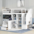 White Solid Wood Loft Bed with Stairs Desk Storage Shelves and Blackboard C9328