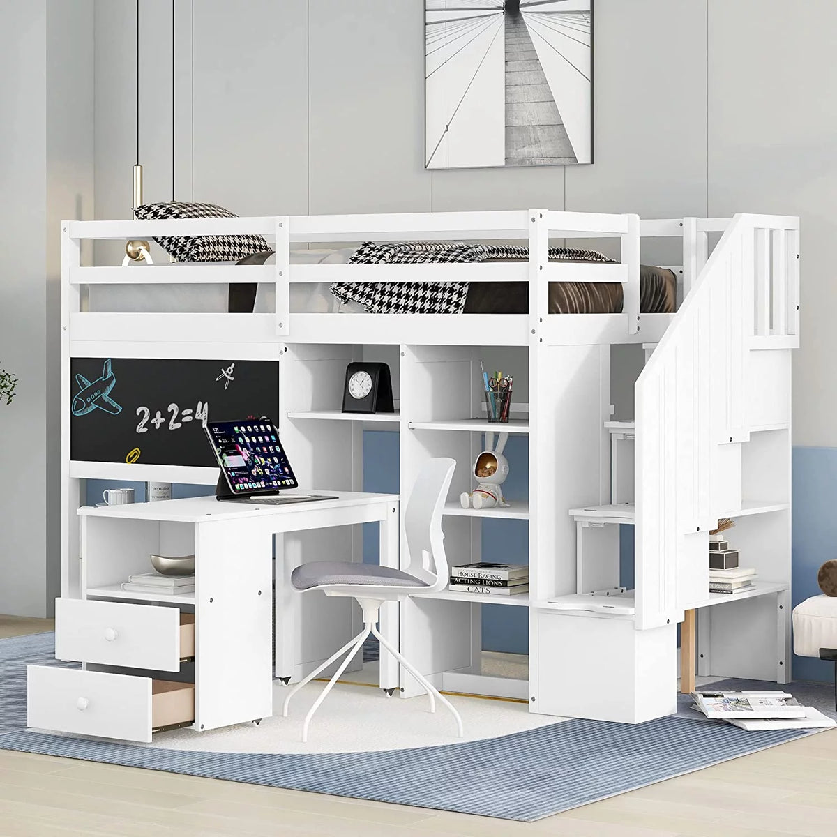 White Solid Wood Loft Bed with Stairs Desk Storage Shelves and Blackboard C9328
