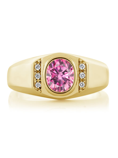 18K Yellow Gold Plated Silver Oval Pink Moissanite and Created Sapphire Ring P69810