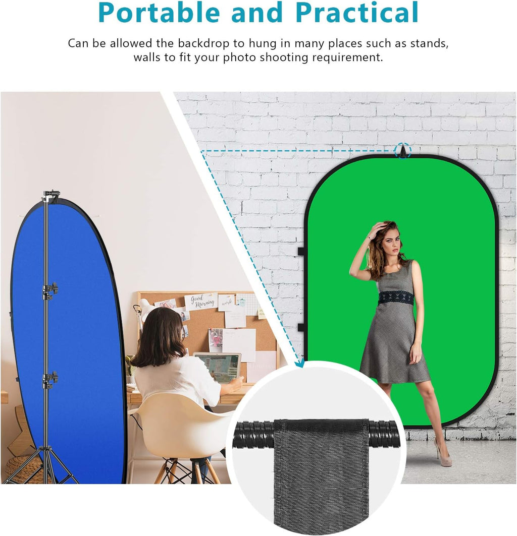 5x7ft Collapsible Chromakey Backdrop with Stand, 2-in-1 Reversible Green Screen Blue Background Panel A555