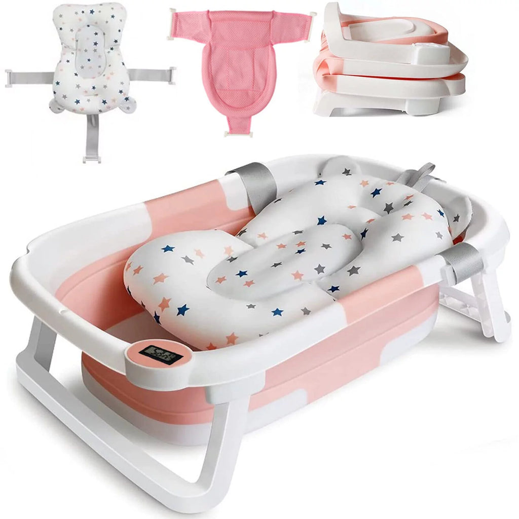 Collapsible Newborn Baby Bathtub with Pillow Cushion Support Bath Net Temperature Sensor Pink D569019