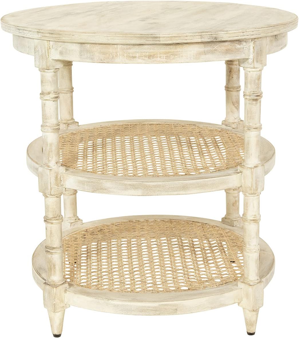 Round Mango Wood Table with Two Cane Shelves Z506