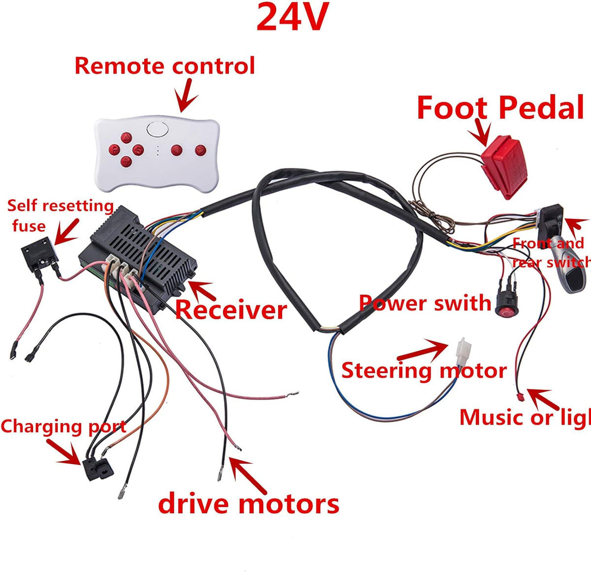 24 Volt Electric Car Wires and Switch Kit with 2.4G Remote Control and Receiver Pack of 2 E5991