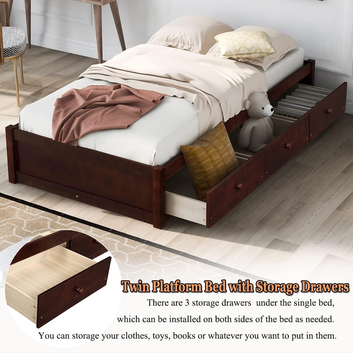 Cherry Wood Platform Bed Frame With 3 Drawers T6123
