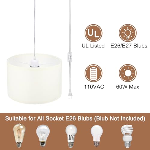 15Ft Rope Cord Hanging Lamp Fixture with On/Off Switch, White G504