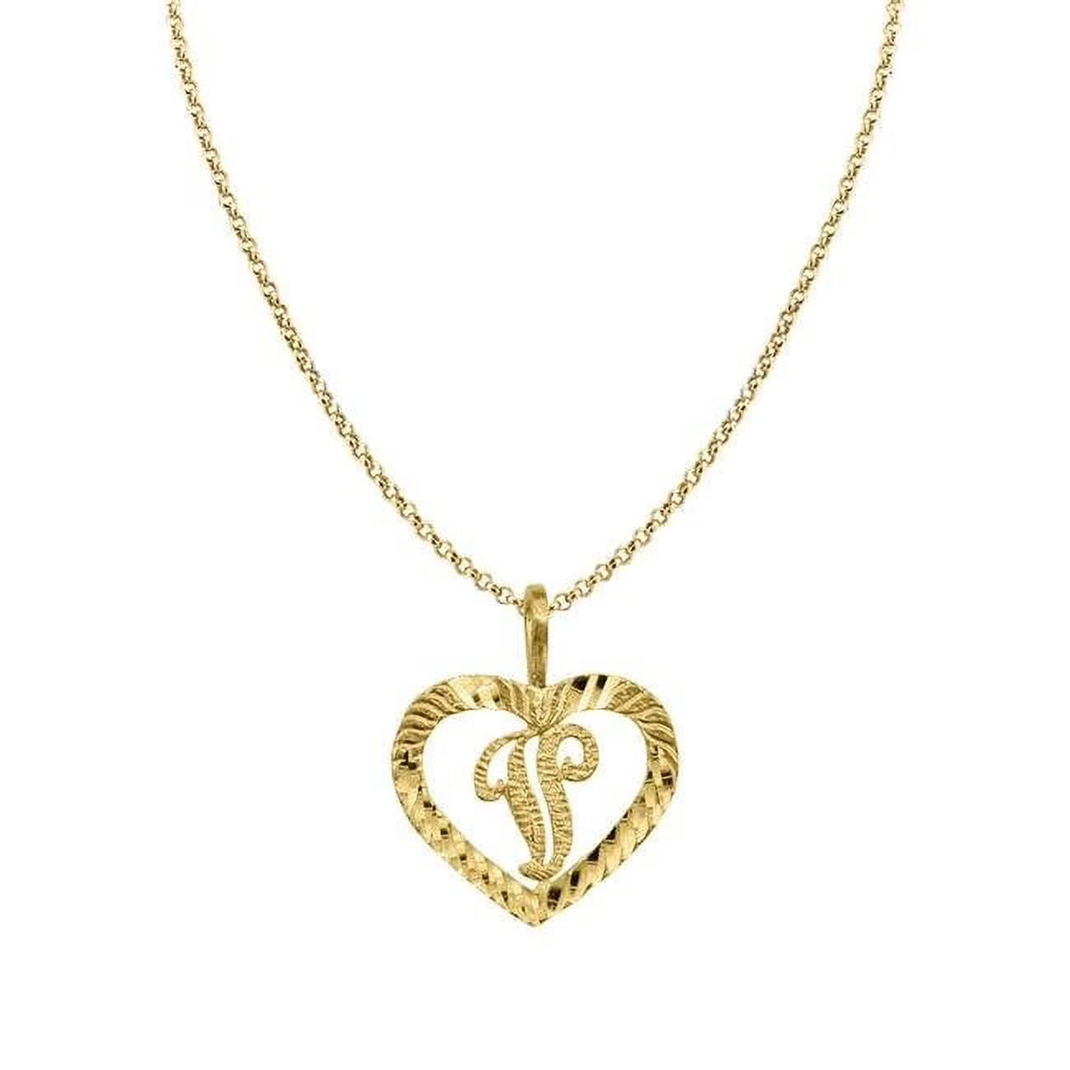 14K Yellow Gold Diamond-Cut Heart-Shaped Initial Letter V Pendant with Rolo Chain Q925965