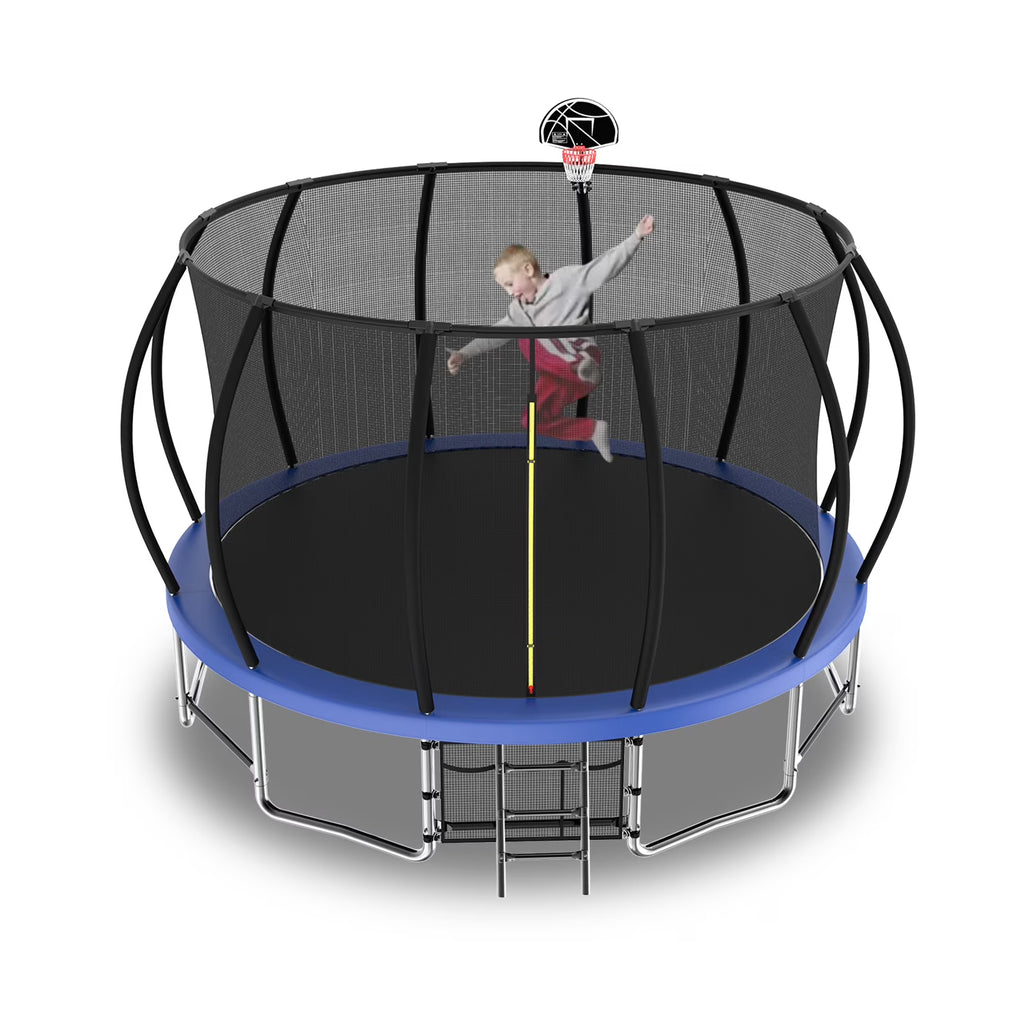 15FT Trampoline with Basketball Hoop, Blue, with Enclosure Net & Ladder C388678