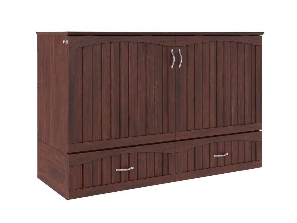 Queen Wood Murphy Bed Chest with Mattress, Drawer & Charger in Walnut L742