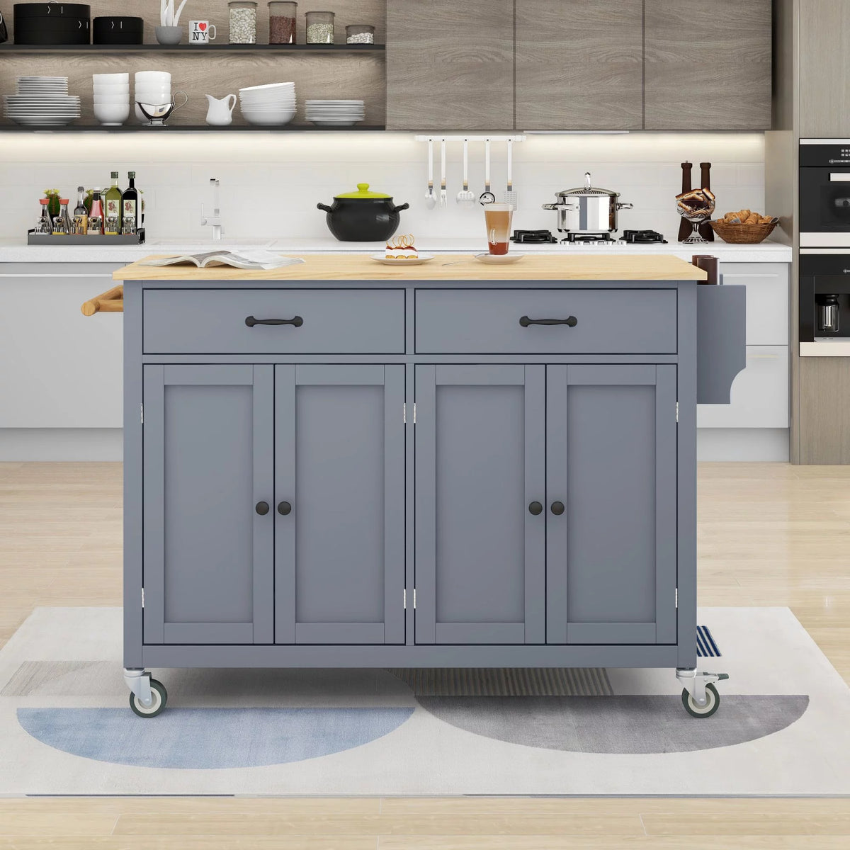Gray Kitchen Island Cart with Wood Top and Locking Wheels M150