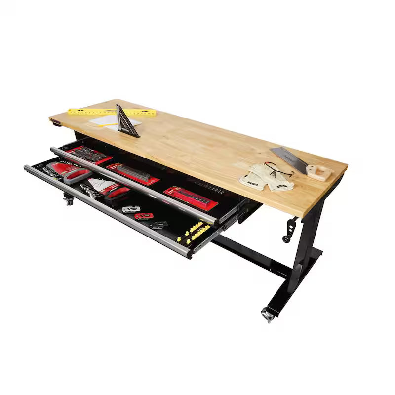 Adjustable Height Workbench Table with 2 Drawers in Black B4854