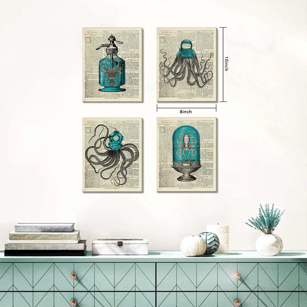 Octopus Nautical Bathroom Wall Decor, 8x10 inch Set of 4 Canvas Wall Art H91997