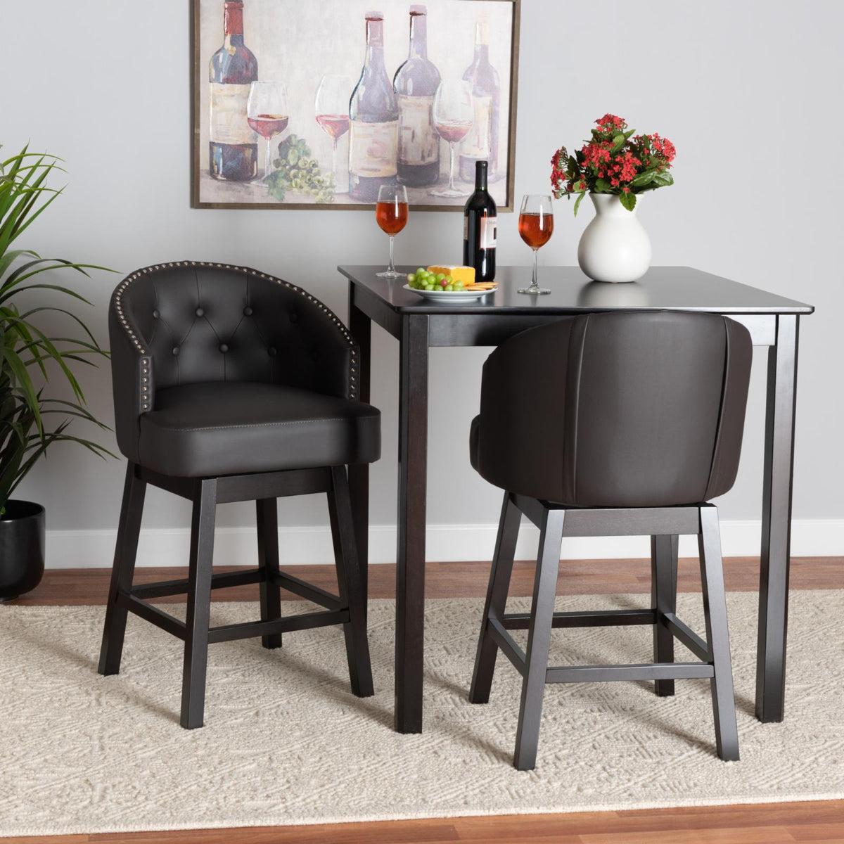 Tan Faux Leather and Brown Wood 2-Piece Counter Stool Set A992371