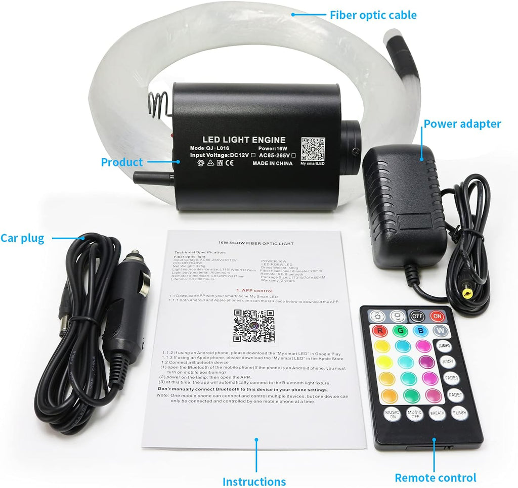 16W Fiber Optic Lights Starlight Headliner Light Kit with Remote Control, 150pcs 6.5ft Optical Fiber Cable Strands S8508