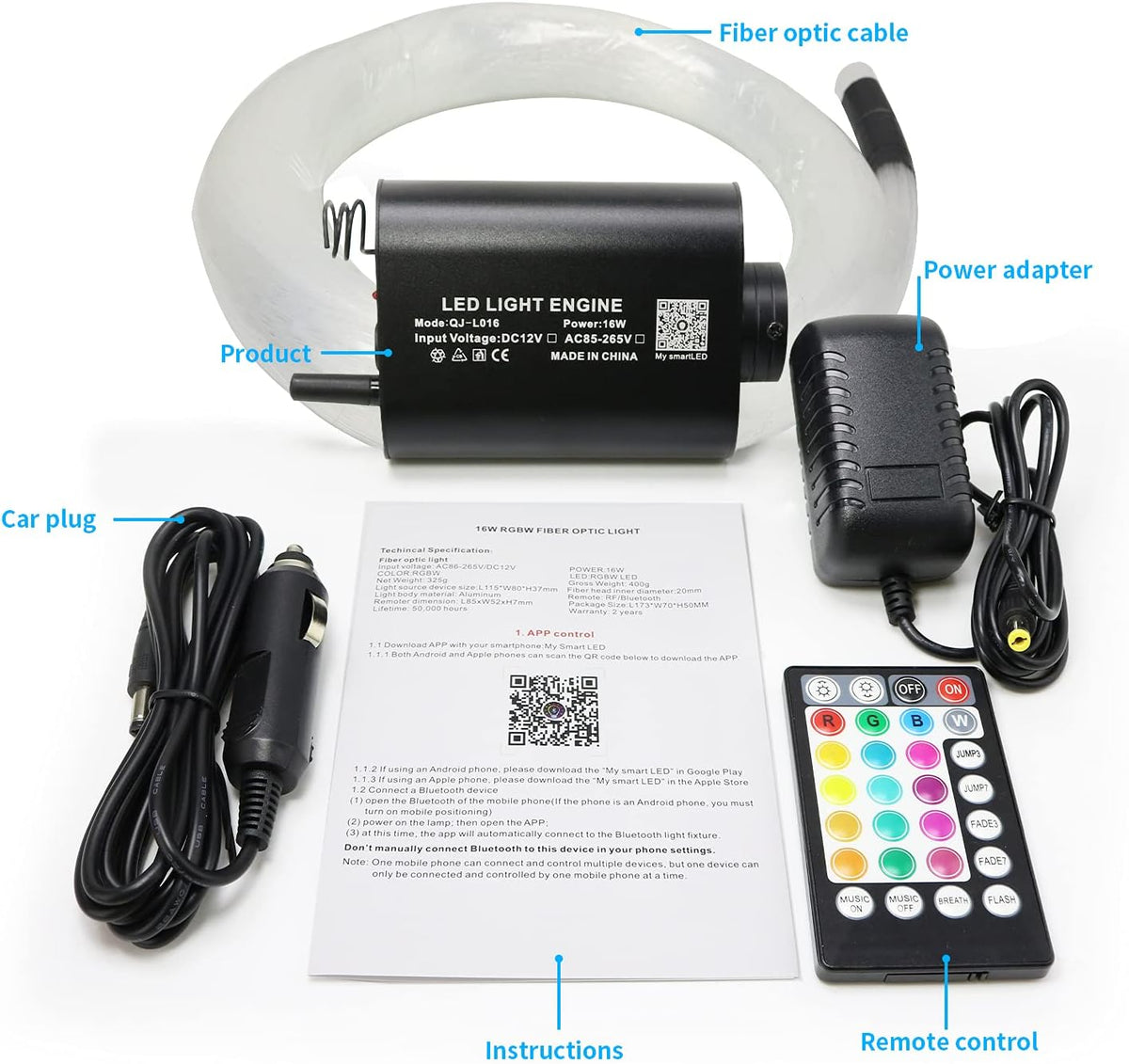 16W Fiber Optic Lights Starlight Headliner Light Kit with Remote Control, 150pcs 6.5ft Optical Fiber Cable Strands S8508