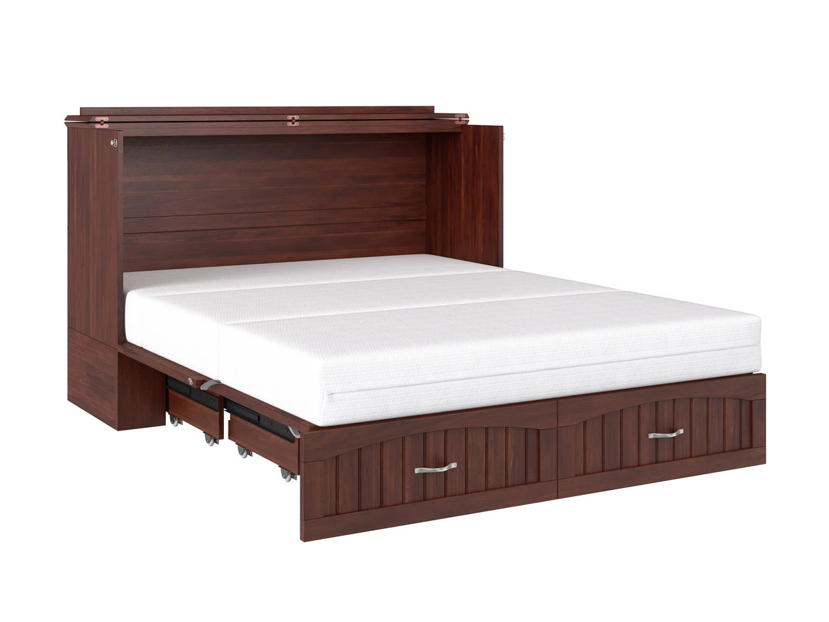 Queen Wood Murphy Bed Chest with Mattress, Drawer & Charger in Walnut L742