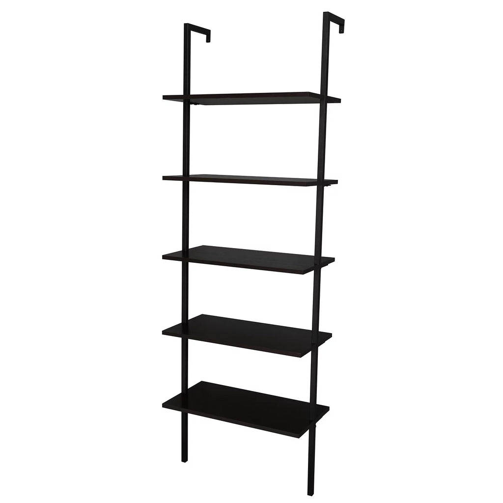 Dark Walnut 5-Shelf Wood Ladder Bookcase with Metal Frame W154175