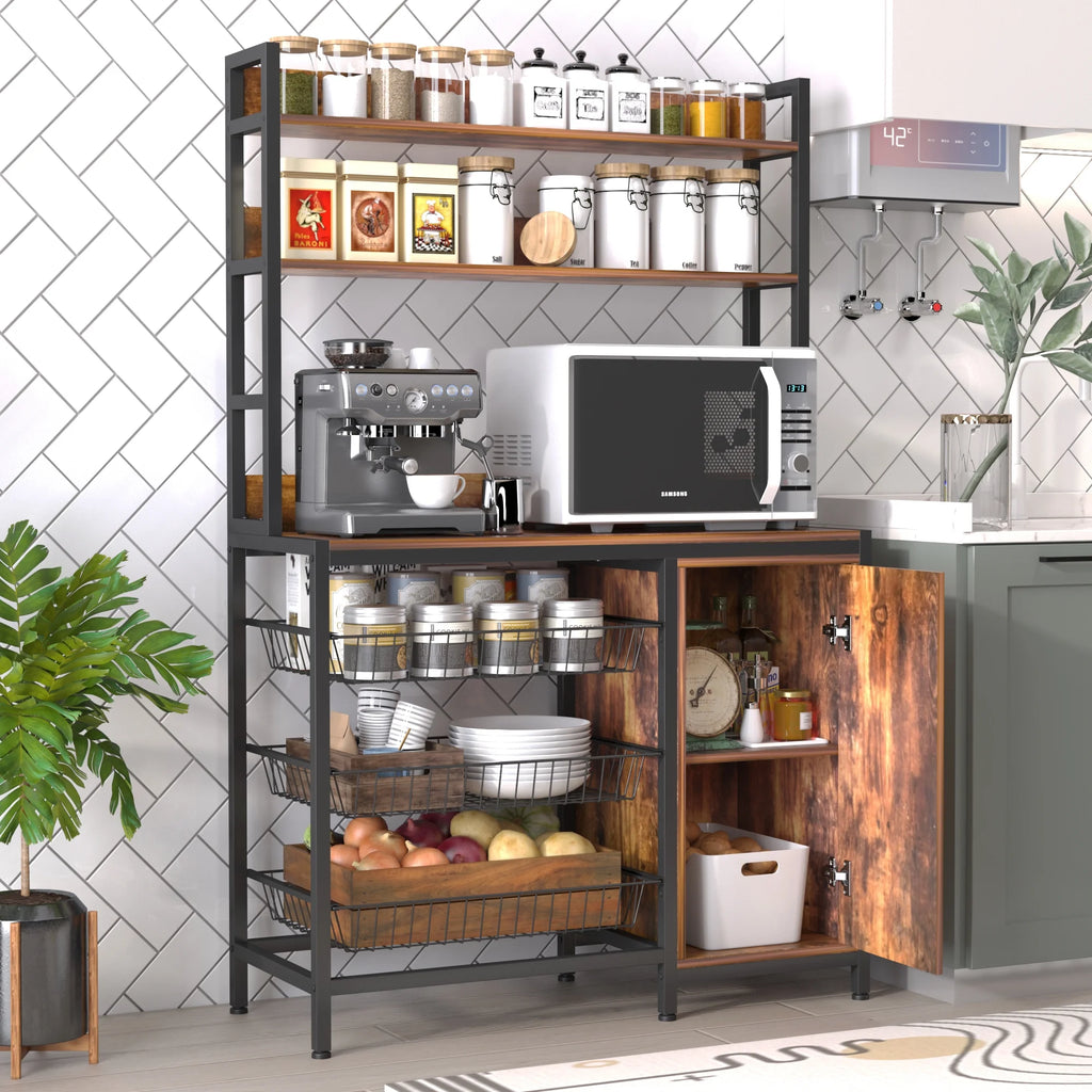 Large Brown Wood Bakers Rack with Baskets and Cabinet S249270