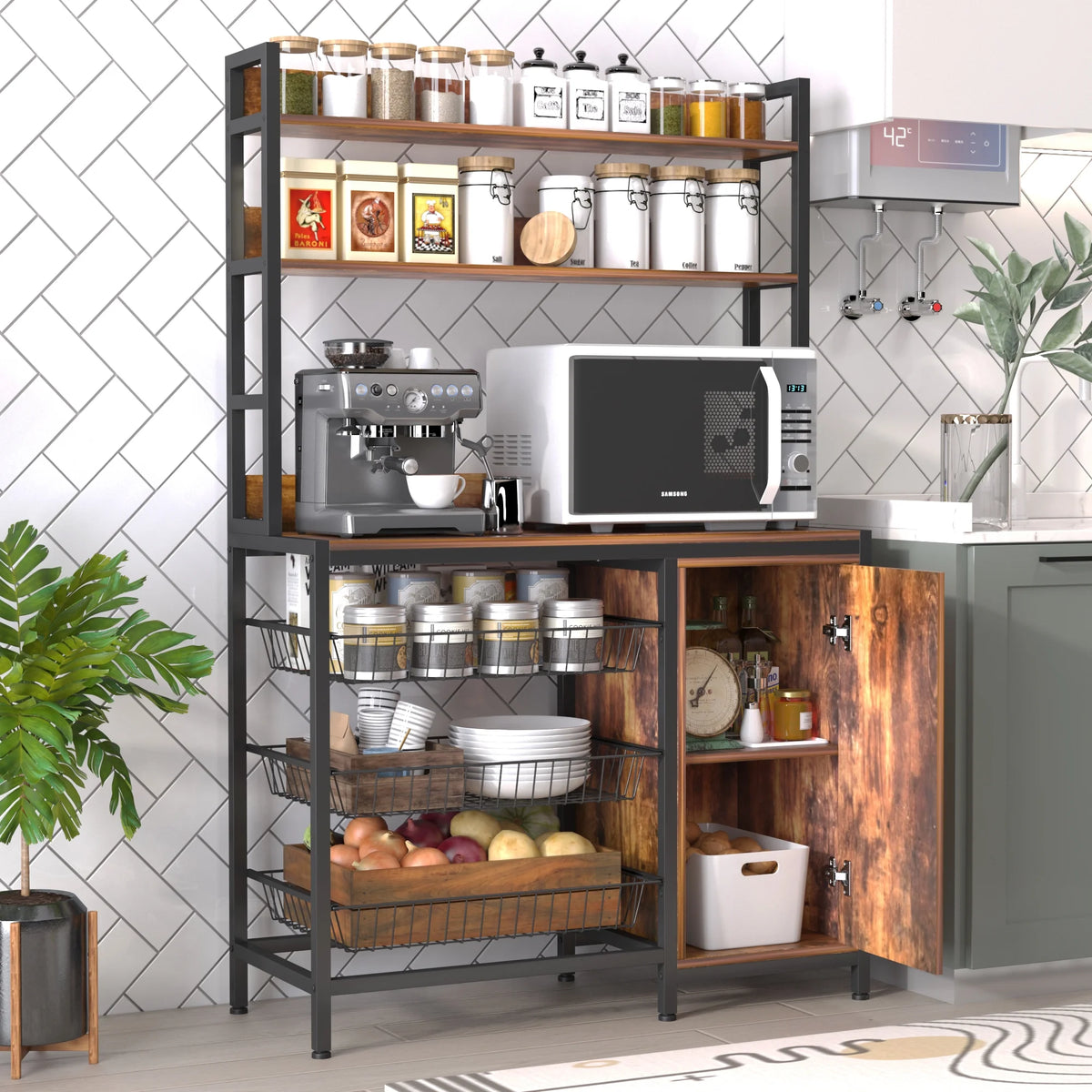 Large Brown Wood Bakers Rack with Baskets and Cabinet S249270
