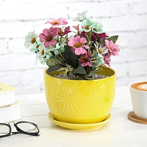 7 Inch White Ceramic Plant Pot with Drainage Hole and Saucer U5487