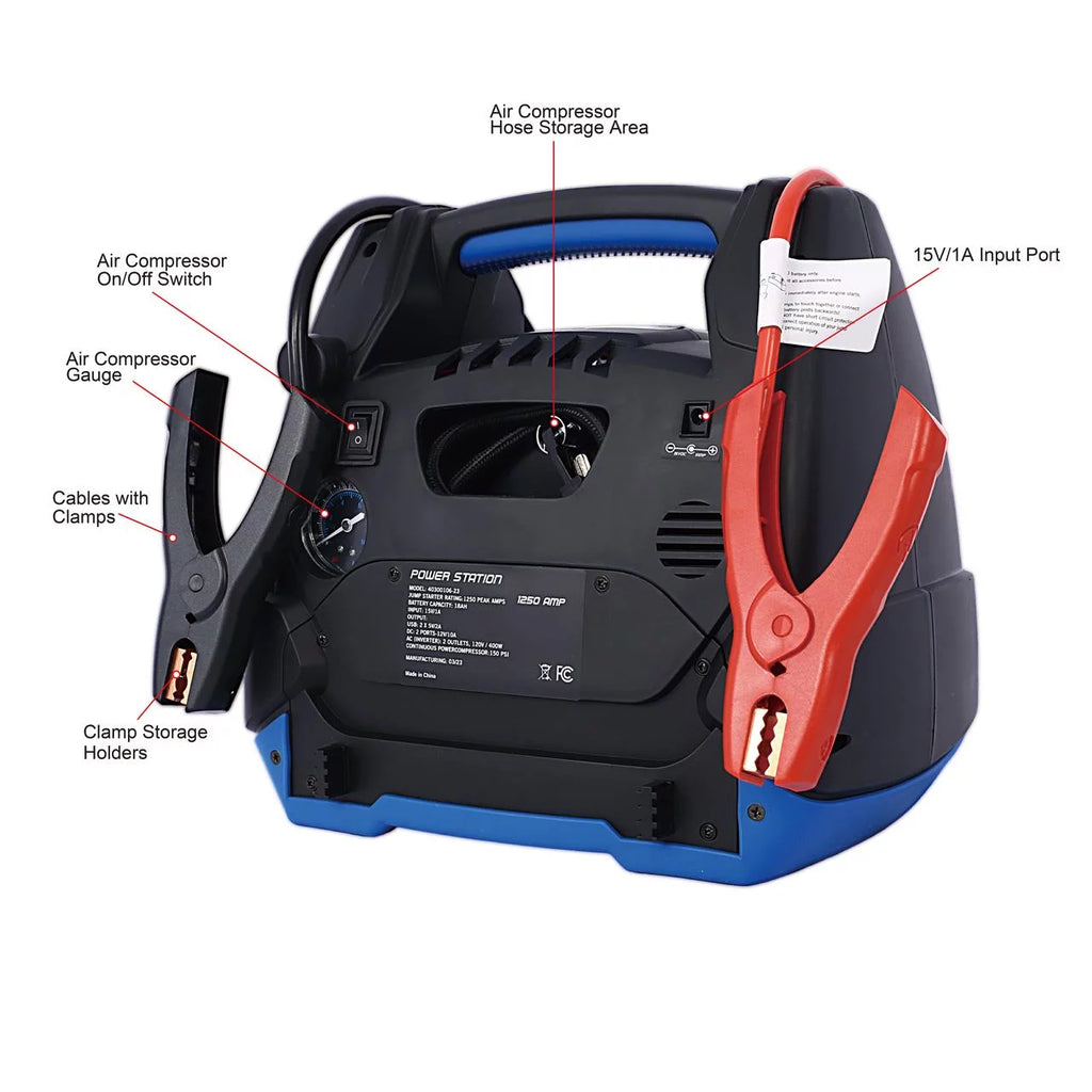 1800 Peak Amp Jump Starter with Air Compressor and AC Outlets X9572