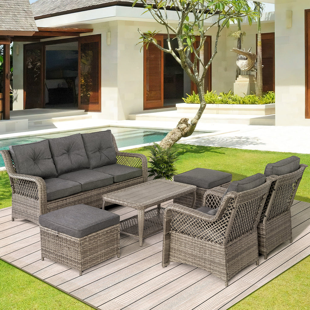 6 Piece Grey Rattan Patio Furniture Set with Ottoman J415