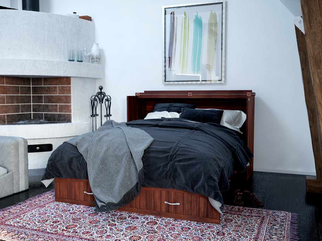 Queen Wood Murphy Bed Chest with Mattress, Drawer & Charger in Walnut L742