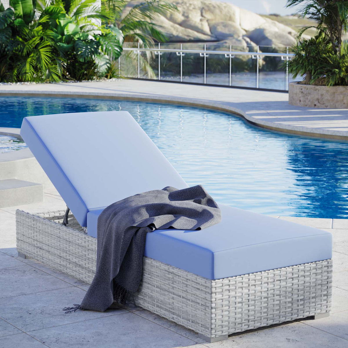 Light Grey Light Blue Rattan Wicker Lounge Chair Q32888