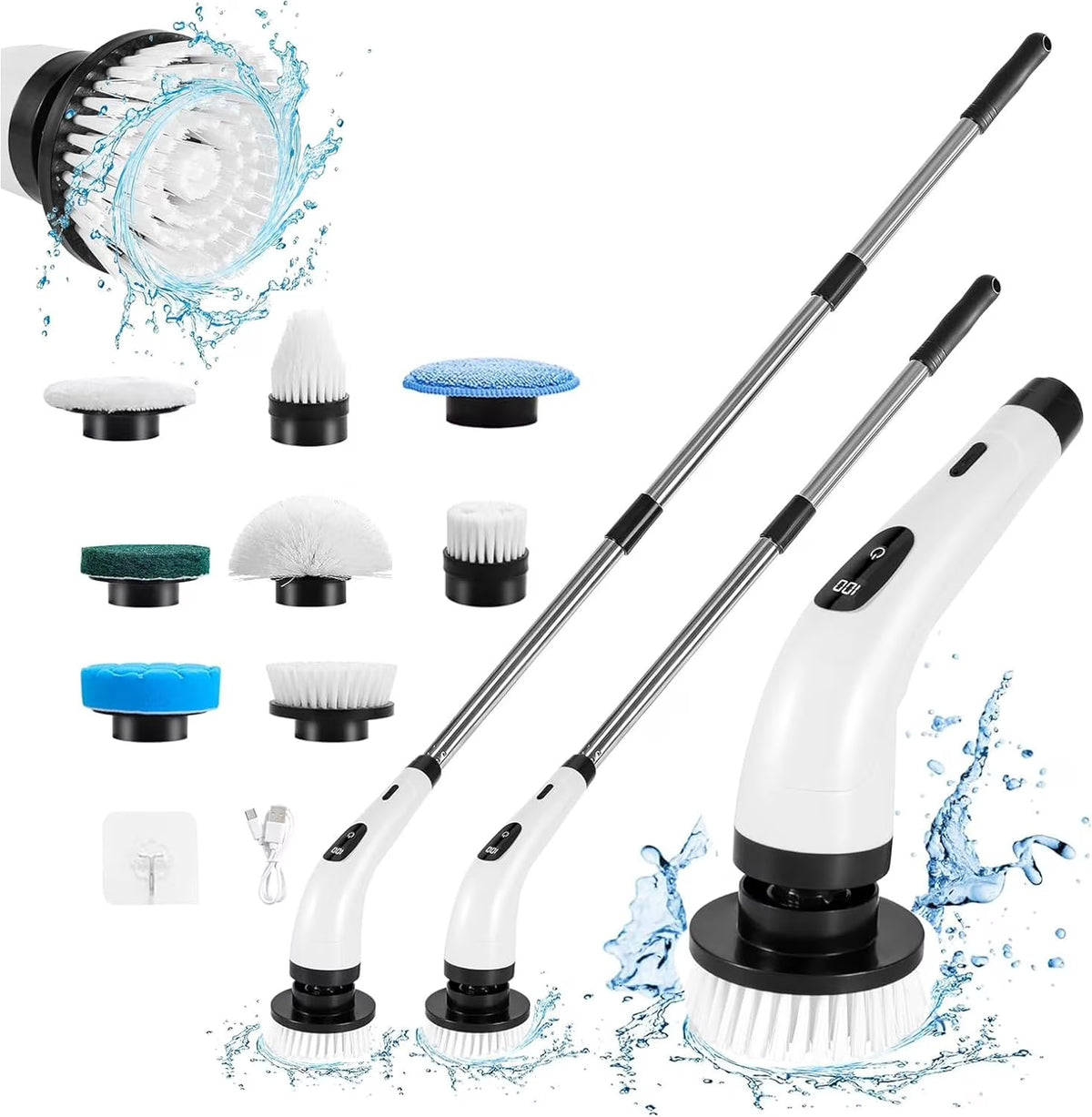 Cordless Electric Spin Scrubber with 8 Heads & Long Handle W39076