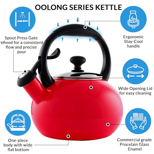 1.8 QT Red Enamel on Carbon Steel Whistling Kettle A920