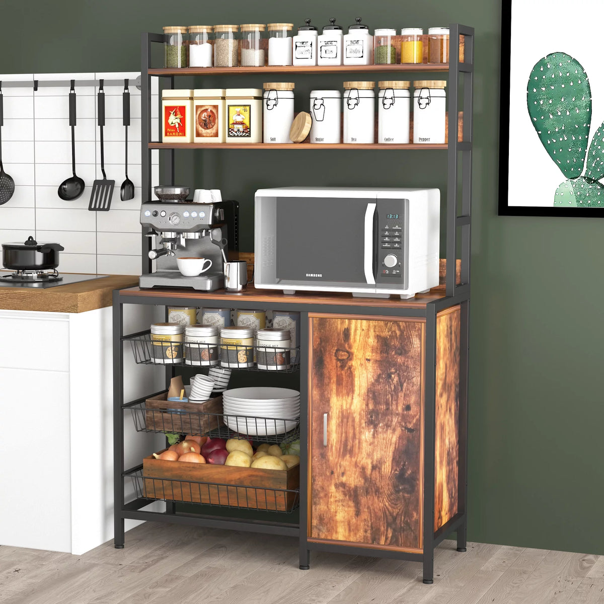 Large Brown Wood Bakers Rack with Baskets and Cabinet S249270