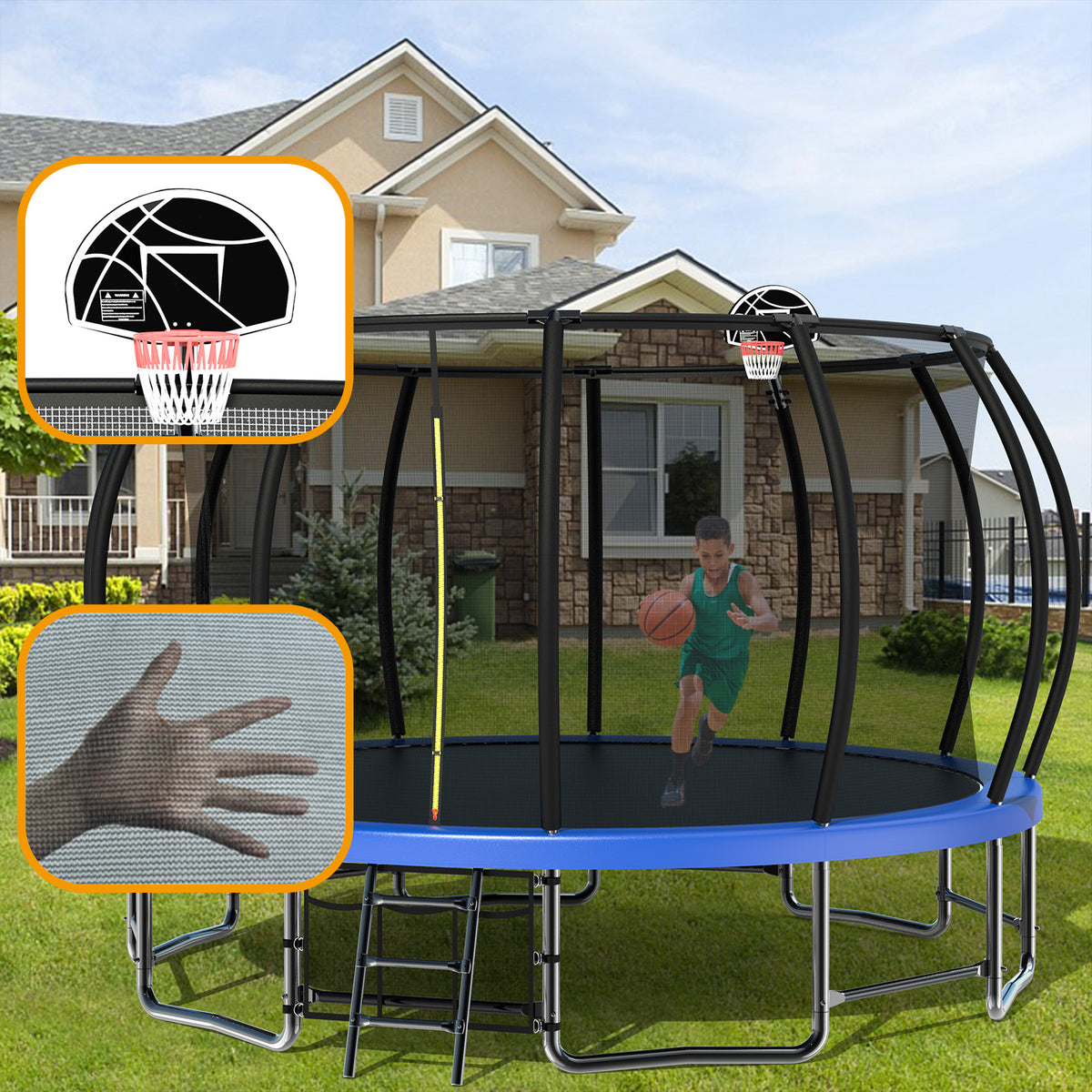15FT Trampoline with Basketball Hoop, Blue, with Enclosure Net & Ladder C388678