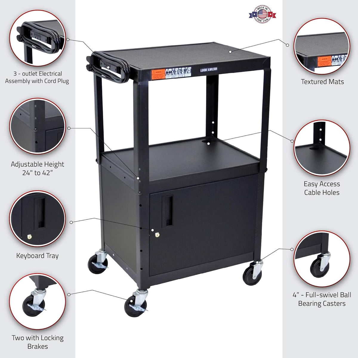 Black Steel A/V Utility Cart with Cabinet V218862