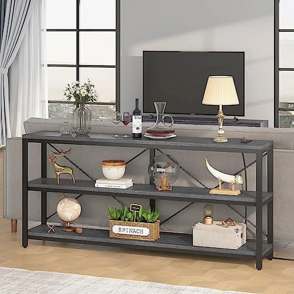 70.86'' Extra Long 3 Tiers Narrow Console Table with Outlet and USB N85565