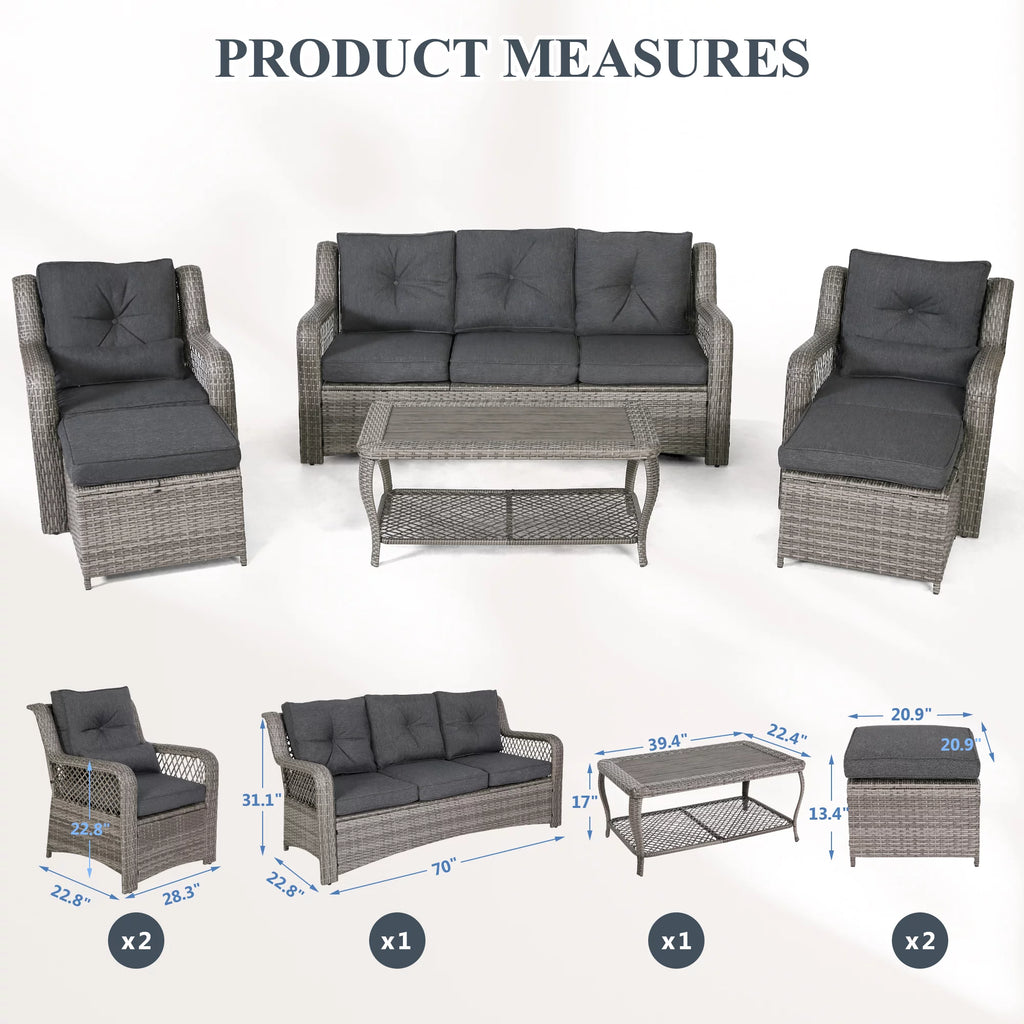 6 Piece Grey Rattan Patio Furniture Set with Ottoman J415