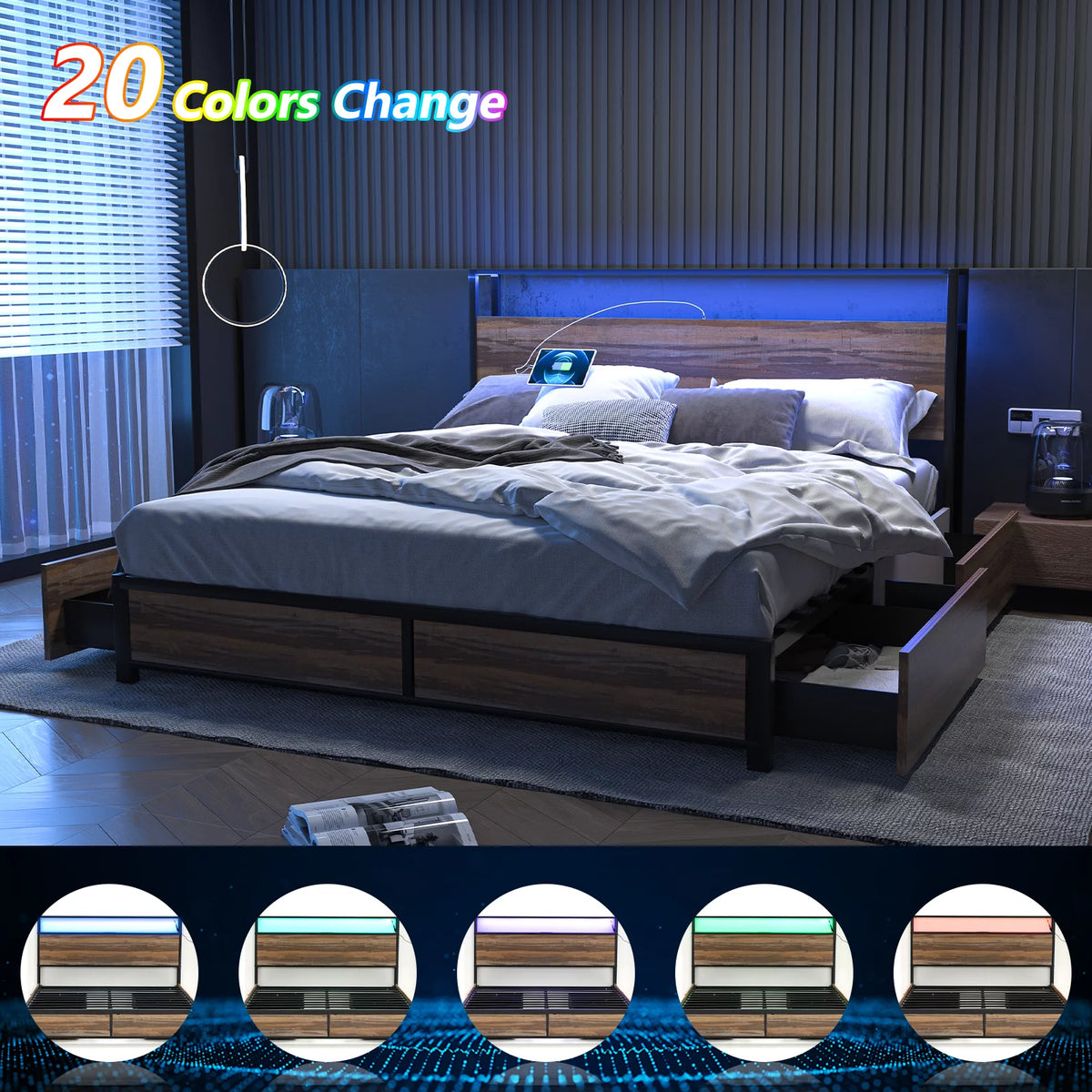 Queen Size LED Metal Bed Frame with 4 Storage Drawers and Headboard L508593