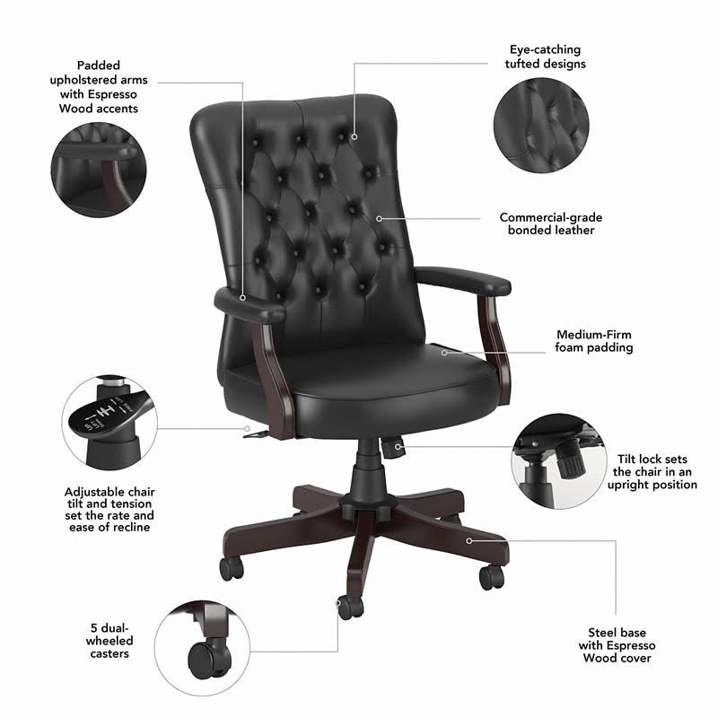 High Back Tufted Office Chair with Arms in Black Leather J66732