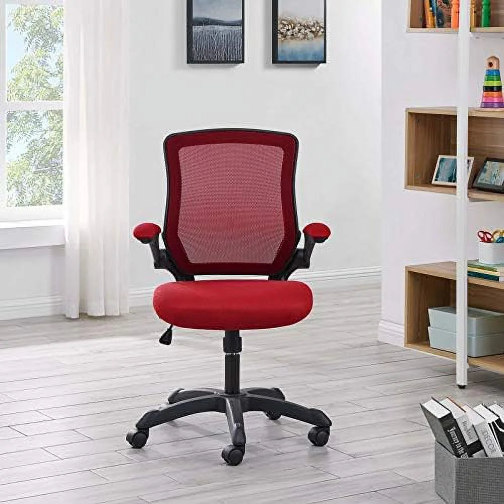 Red Mesh Back Vinyl Seat Office Chair with Flip-Up Arms W820086