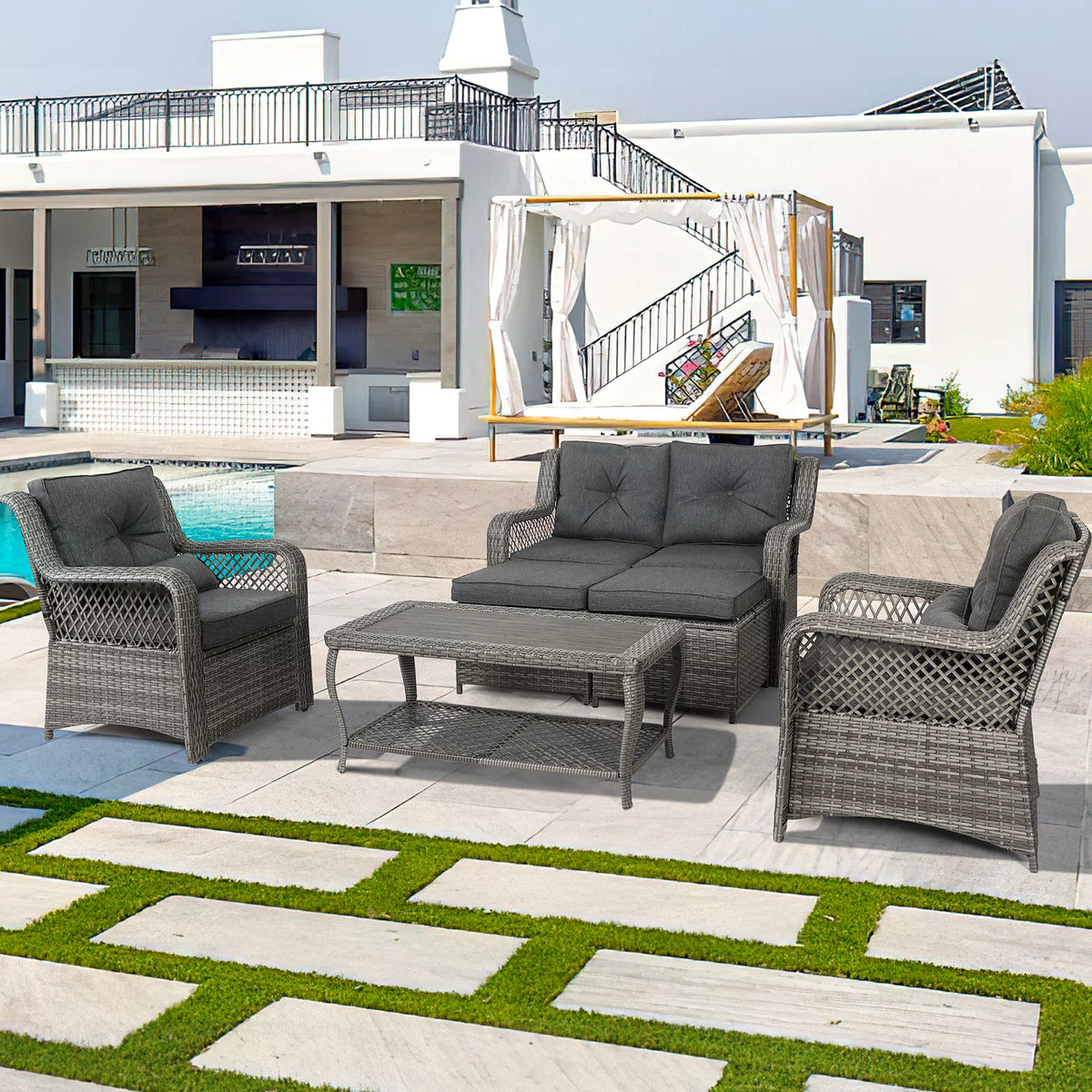 6 Piece Grey Rattan Patio Furniture Set with Ottoman J415