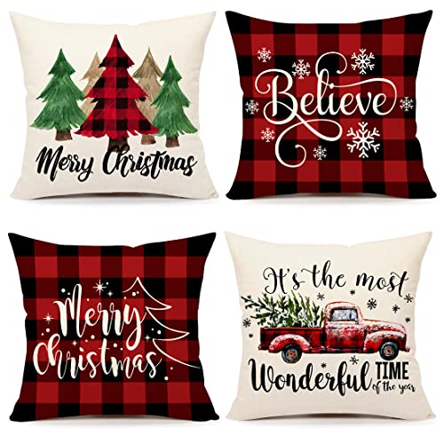 Buffalo Check 18x18 Set of 4 Red Black Throw Pillow Covers T13655